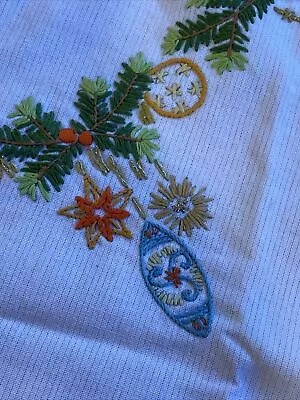 Vintage German Linen Baumwolle Hand Embroidered Christmas Tablecloth 28” By 30” • $24