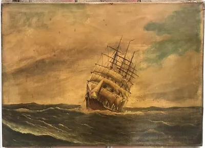 1870 Old Antique Oil Painting On Canvas Ship At Sea Signed By Artist Large 69cm • £134.90