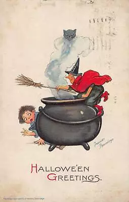 DS1/ Halloween Postcard Holiday C1910 Francis Brundage Witch Kettle Cat 302 • $42.45