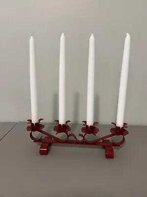 VTG Wrought Iron Hand Forged Scroll Gothic Style Red 4 Tapper  Candle Christmas • $21.50