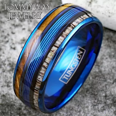 Blue Tungsten Men's Ring Blue Fishing Line-Whiskey Barrel & Deer Antler Band • $23.99