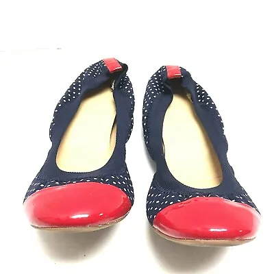 J Crew Womens Mila Ballet Flat Navy White Polka Dot Red Patent Cap Toe Size 6 Us • $37.98