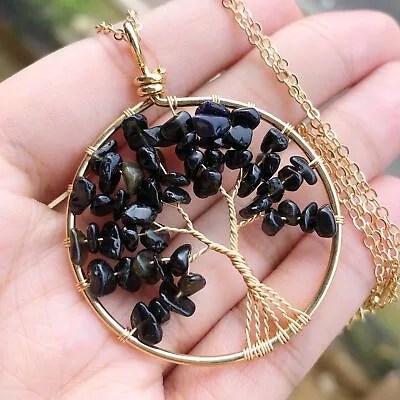 Black Onyx Gem Tree Of Life Water-Drop Necklace Chakra Reiki Healing Amulet • $0.17