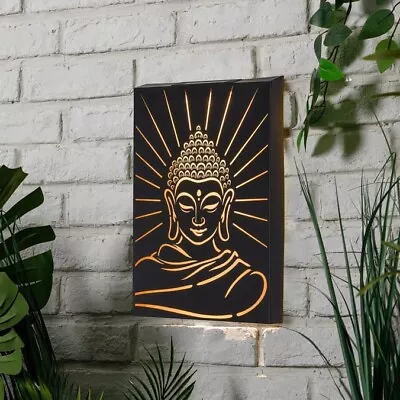 Solar Light Metal Buddha Print Wall Panel LED Light Art Garden Fence Porch Decor • £22