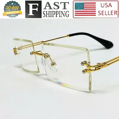 Men's Rimless Vintage Retro Rectangle Gold CLEAR Lens Fashion Hip Hop Glasses • $11.99