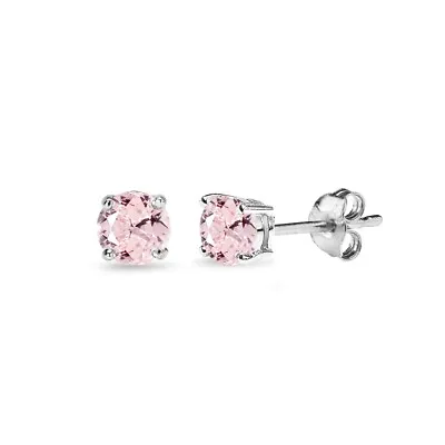 4mm Round Simulated Morganite Solitaire Sterling Silver Dainty Stud Earrings • $13.64