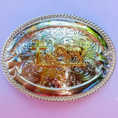 New Cross Praying Faith Animal Cowboy Oval Heavy Gold Silver Western Belt Buckle • $14.99