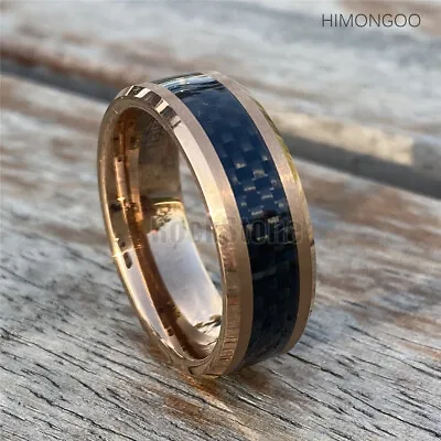 8MM Rose-gold Men's Tungsten Carbide Ring W/ Black Fiber Wedding Engagement Band • $10