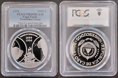 Cape Verde 1000 Escudos Silver Proof Coin 1994 Year Km#26 Tordesilhas Pcgs Pr69 • $159