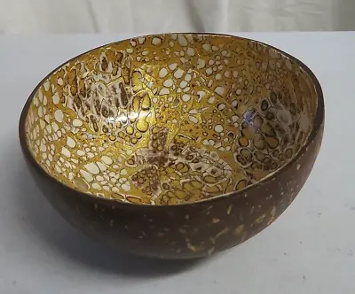 Hand Crafted Decorative Coconut Bowl Gold Cream Brown Lacquered Inside • £5.99