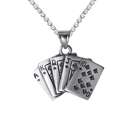 Lucky Royal Flush Poker Gambling Stainless Steel Pendant Charm 24  Necklace Set • $9.99
