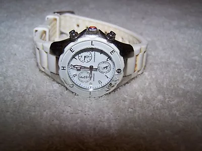 Womans Michele Tahitian Watch Chronograph White SS 5ATM REPAIR PARTS CRACKED CRY • $4.99
