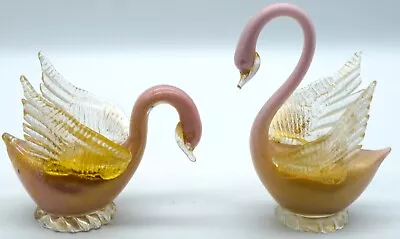 Pair Of Venetian Glass Swan Figurines Murano Italy Pink Clear Wings & Gold Dust • $79