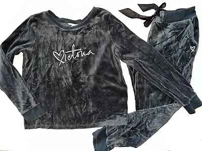 Victoria's Secret M Sweatshirt+ Jogger Pants BLACK Pink VELOUR VELVET Loungewear • $39.99