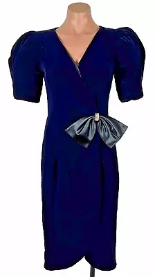 VTG 80s Cachet Dress Prom Puffy Sleeve Party Blue Velvet Satin Bow 3/4 • $60