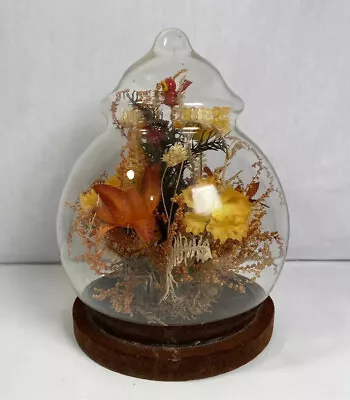 VTG Dried & Plastic Flowers Glass Dome Globe 7.5” Wood Base Velvet Bird Boho • $28.99