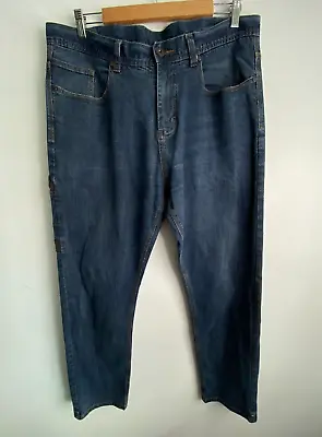 Work Zone Denim Jeans Mens Large Blue Straight Zip Button Pocket Stretch Comfy • $29.99