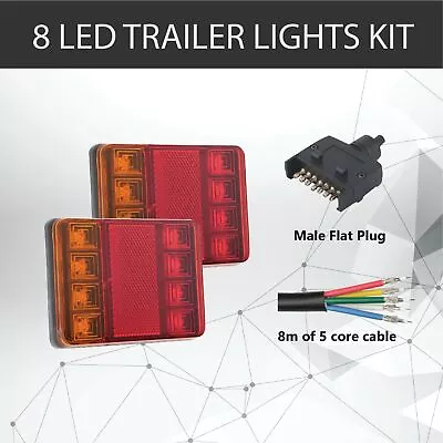 Pair Of 8 LED TRAILER LIGHTS KIT - 1 X Trailer Plug 8M X 5 CORE CABLE 12V • $30.81