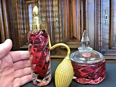 Rare ARCHIMEDE SEGUSO MURANO GLASS Spiral Cranberry VANITY SET Perfume + Jar • $597