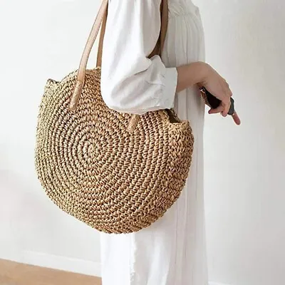 Women Boho Woven Handbag Summer Beach Tote Straw Bag Round Rattan Shoulder • £6.99
