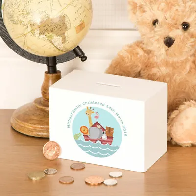 £17.99 • Buy Noahs Ark Personalised Wooden Money Box For A Baby Boy Or Girl. Christening Gift