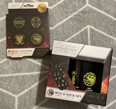 Game Of Thrones House Of The Dragon Mug And Sock Gift Set & Metal Coasters • £3