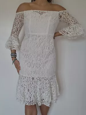 White Lace Bardot Midi Dress With Frill Hem Size 12 Flare Sleeve New W Tags   • £10