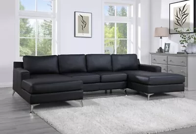 NEW 122  Modern U-Shape Sectional Double Chaise Black Vegan Leather Sofa Living • $1399.99