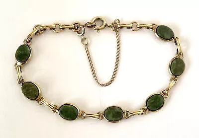 Vintage 12K Gold Filled Green Jade Bracelet 7 3/8” Safety Chain • $8