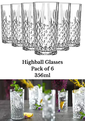 Highball Glasses Clear 355ml Tall Water Gin Juice Cocktail Glassware Set Of 6 • £10.99