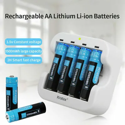 Kratax 1.5V Rechargeable Lithium AA Batteries 3500mWh 1500 Cycles & Charger LOT • £21.82