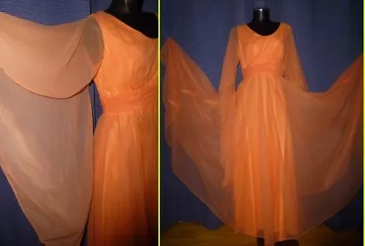 Vtg 70s Sheer Chiffon Cape Slv Boho Full Skirt Evening Wedding Maxi Dress Gown L • $129