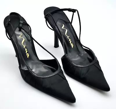 Nina Formal Black Satin Heels Womans Size 6.5 Point Toe Sling Back • $19.95