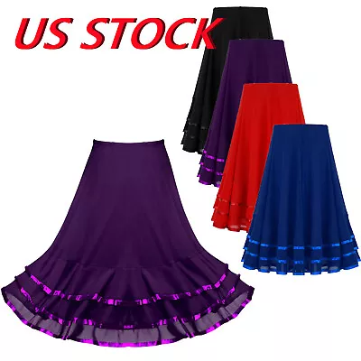 US Kids Chiffon Tiered Striped Mesh Skirts Lyrical Ballroom Latin Flamenco Skirt • $17.28