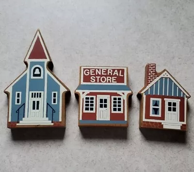 Primitive Folk Art Wooden Block Village Lot Of 3 General Store House  Church  • $22