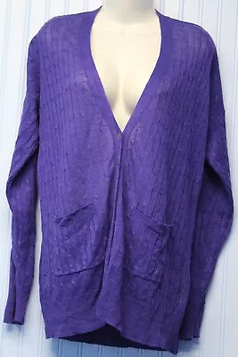 J.CREW 100% Linen Purple Long Sleeve Cabled V Neck Cardigan Sweater W/pockets L • $14.97