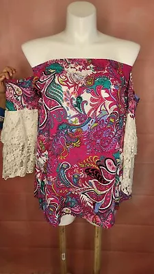 Yahada Top Womens Medium Multicolor Geometric Boho Tunic Blouse • $14