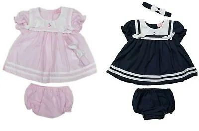 Baby Girls Summer Dress Set Headband Pant Nautical Sailor 6-24 Months Pink Navy • £7.95