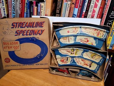 NICE Vintage 1930's MARX MECHANICAL STREAMLINE SPEEDWAY With TWO RACE CAR In BOX • $202.45