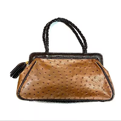 Vintage Roberto Vascon Brown Ostrich Leather Bag Handbag Purse Handmade • $225