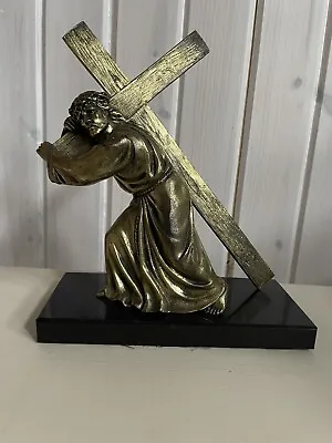 VTG Bronze Jesus Christ Statue Carrying The Cross Marble Base Church Decoration • $149