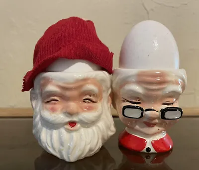 Vtg Mr. Mrs. Santa Claus Ceramic Egg Cup Holders W/ 1 Wool Hat Warmer Kreiss • $40