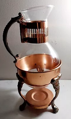 Vintage Copper Brass Coffee Carafe Glass Pot With Warmer Stand • $22