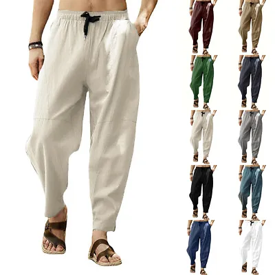 Mens Cotton Linen Harem Pants Elasticated Waist Casual Yoga Gym Sport Trousers • £3.29