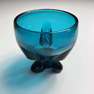 VTG MCM Viking Glass Teal Blue 3 Corner Pedestal Bowl Bluenique 1960s Candy Dish • $39.99