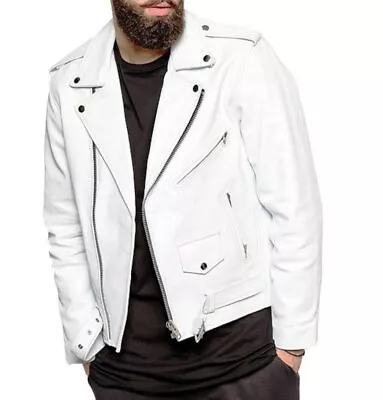 Men White Real Leather Jacket Soft Lambskin Biker Motorcycle Cafe Coat Slim Fit • $136