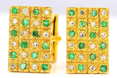 1.1 CT Natural Diamond & Emerald 18K Yellow Gold Cufflinks • $2495