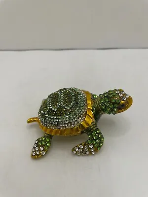 Sea Turtle Golden Green Hand Painted Bejeweled Hinged Trinket Jewelry Box • $15