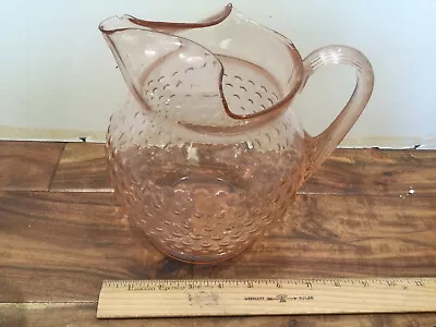 Vintage Pink Glass Wide Hobnail 7” Pitcher Applied Handle Ice Lip SMALL CHIP • $12.40