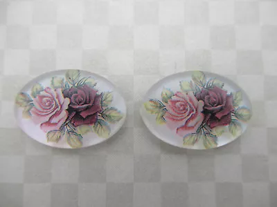 Vintage 25X18mm Cabochons Red & Pink Roses On Crystal Matte Cameos German Qty 2 • $4.04